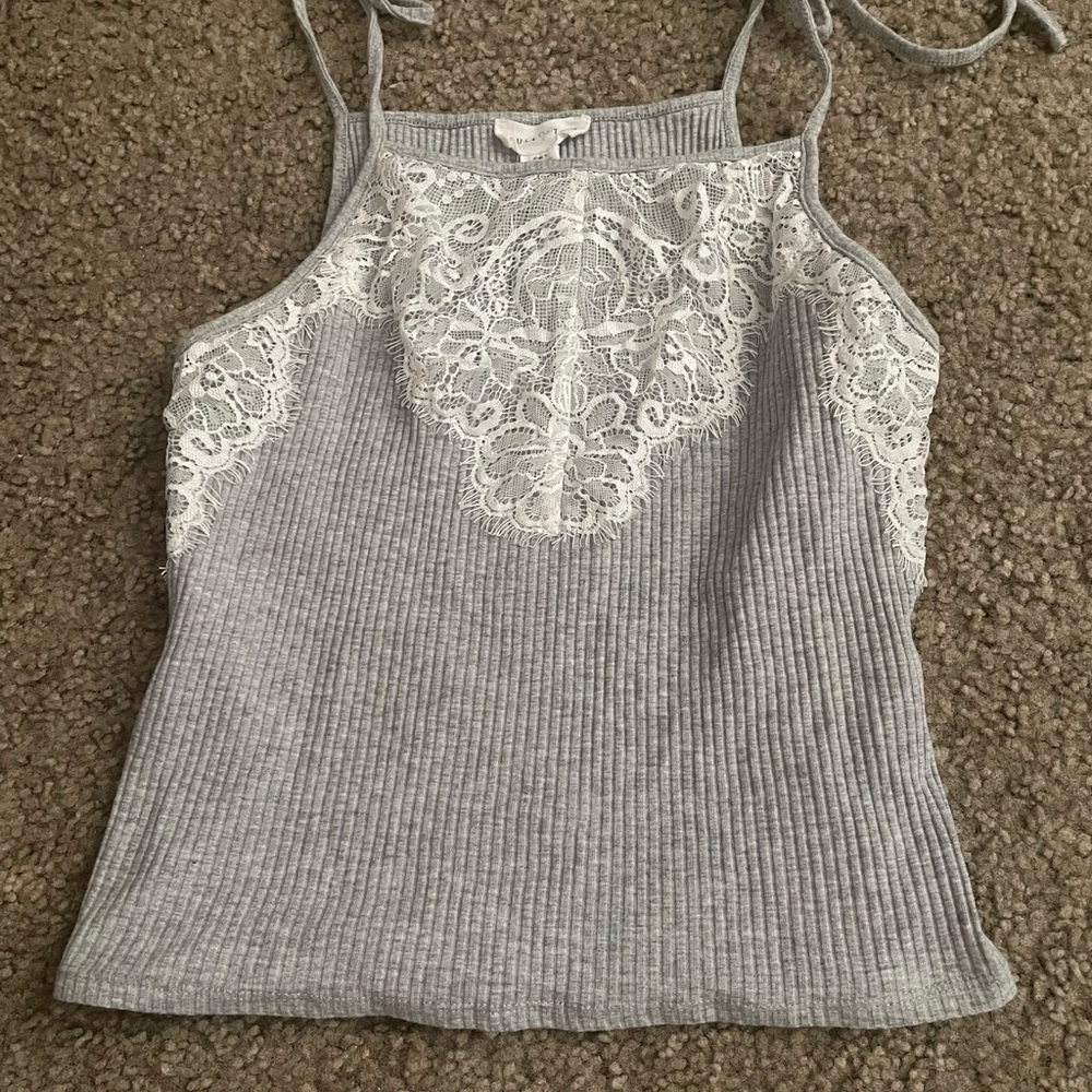 Gray Lace Trim Ribbed Tank Top